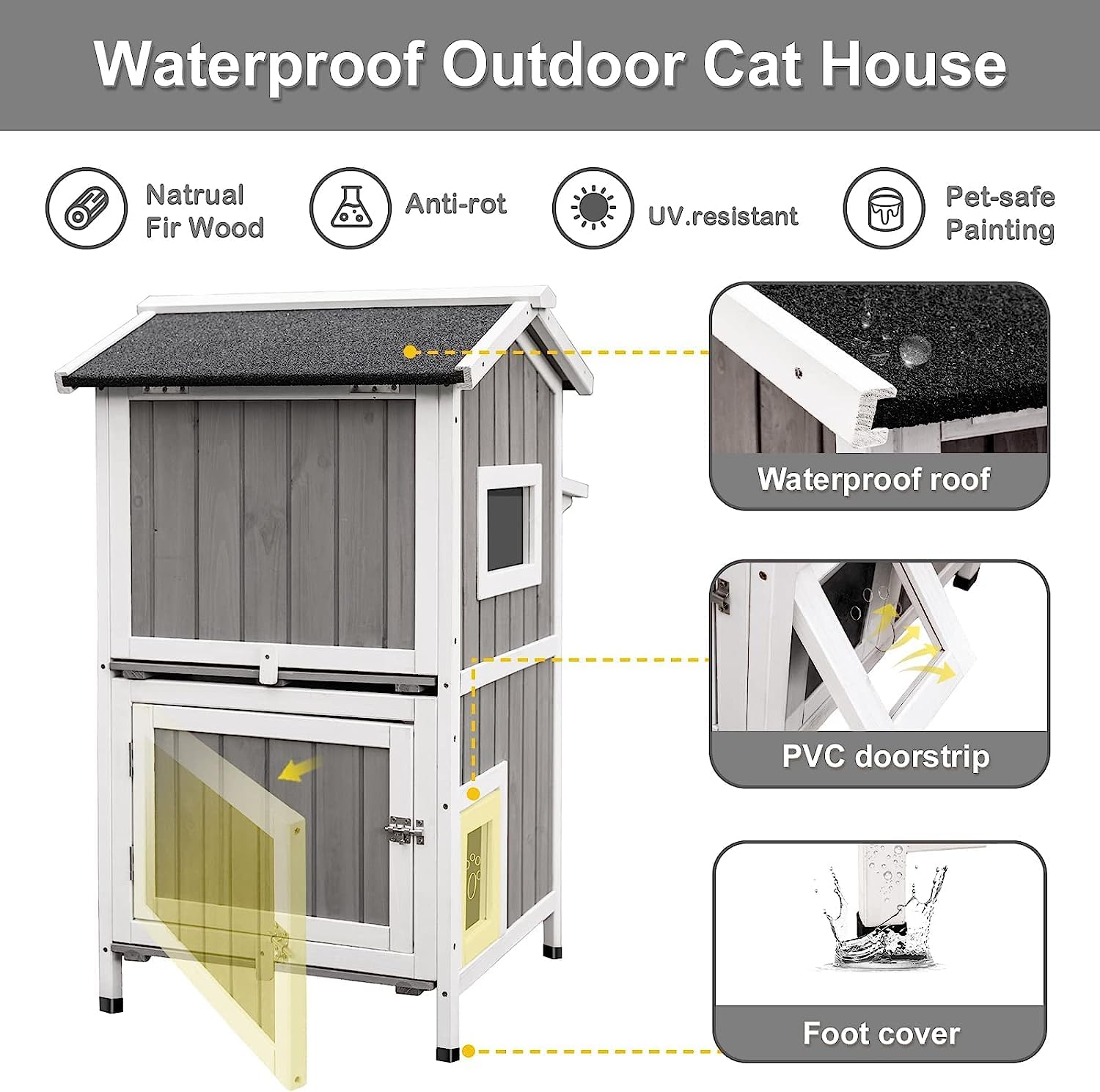 Petscosset Outdoor Cat Shelter Weatherproof, Two Story Wooden Outside Feral Cat House With Openable Roof, Escape Door